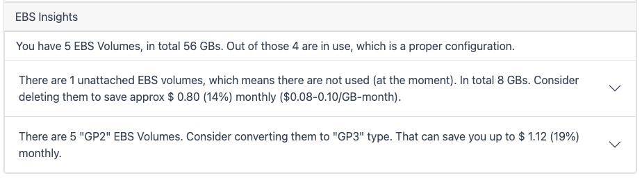 CloudPouch EBS Cost Insight showing unattached volumes to delete and GP2 volumes to convert to GP3, with estimated monthly savings